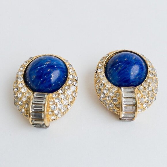 Vintage Christian Dior Earrings Faux Blue Lapis Lazuli Pave Rhinestone Gold Tone - Picture 4 of 13